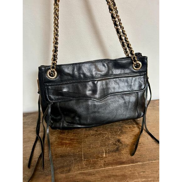 Y2K Rebecca Minkoff Black Leather Shoulder Bag with Gold Chain and Zipper Detail - Picture 7 of 13